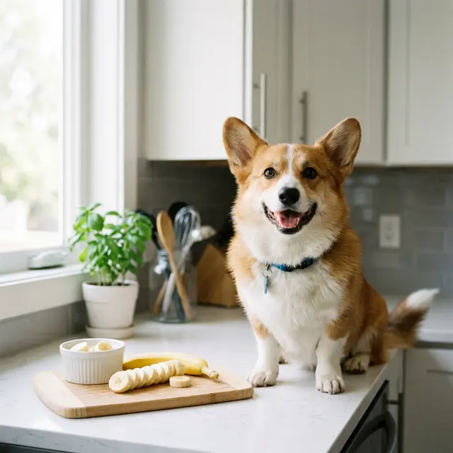 Corgi sitting next to sliced bananas