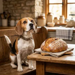 Beagle sitting next to freshly baked bread